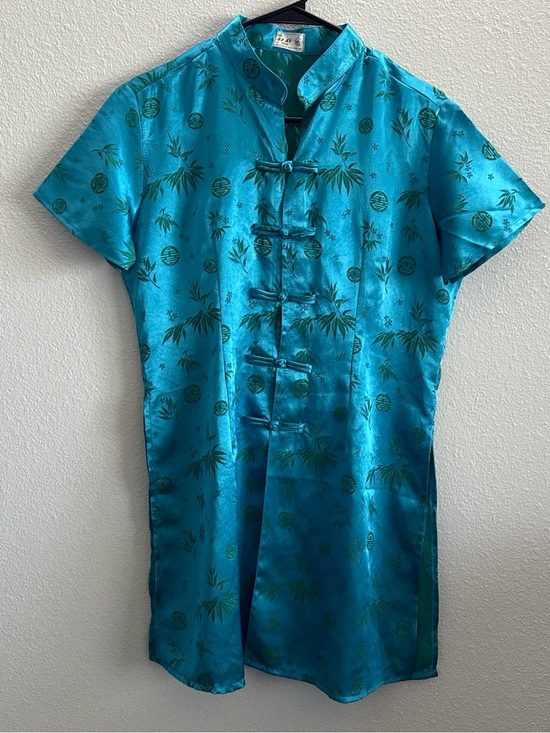 Tops - 100% Silk Vietnamese Cheongsam Style Tunic Top Teal Blue Bamboo Print Size L